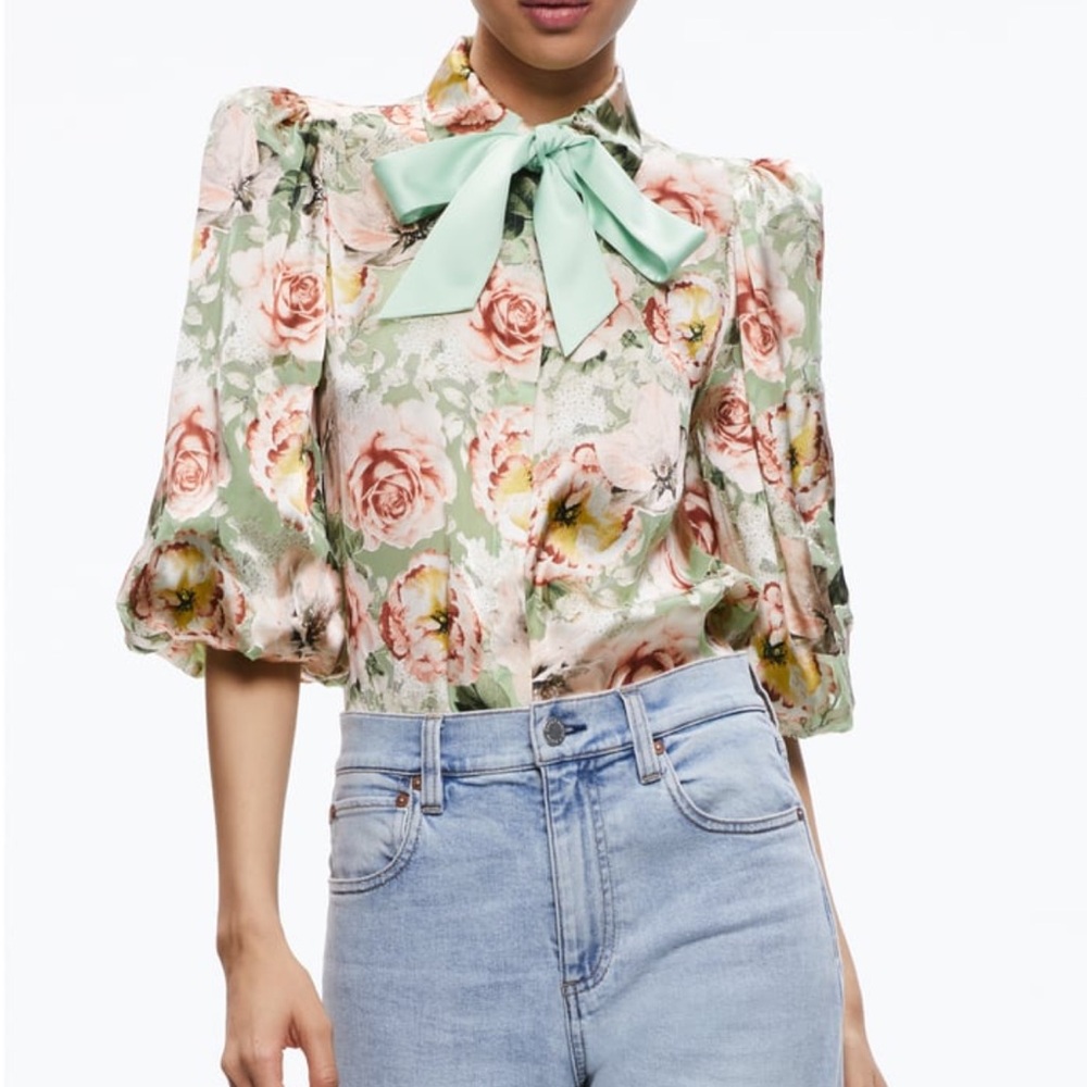 Alice + Olivia Brentley Tie Neck Blouson Floral Blouse